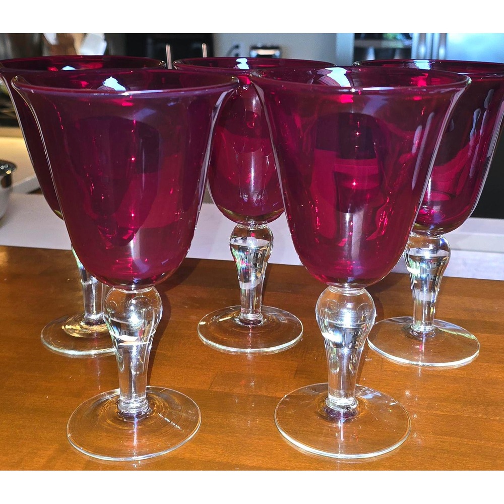 Set of 5 Vintage Artland Iris-Ruby Water Goblets, Red Bowl Clear Stem